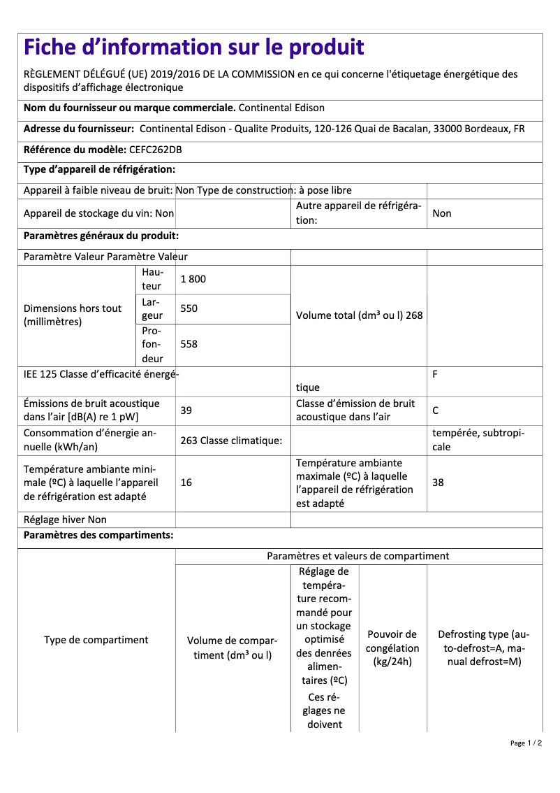 Page n°1 - Label énergétique Continental Edison CEFC262DS