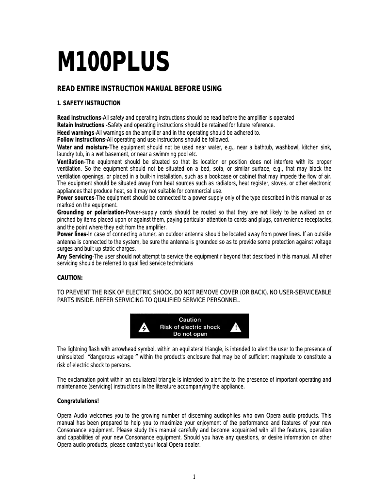 Page 1 de la notice Manuel utilisateur Opera-Consonance M100 Plus