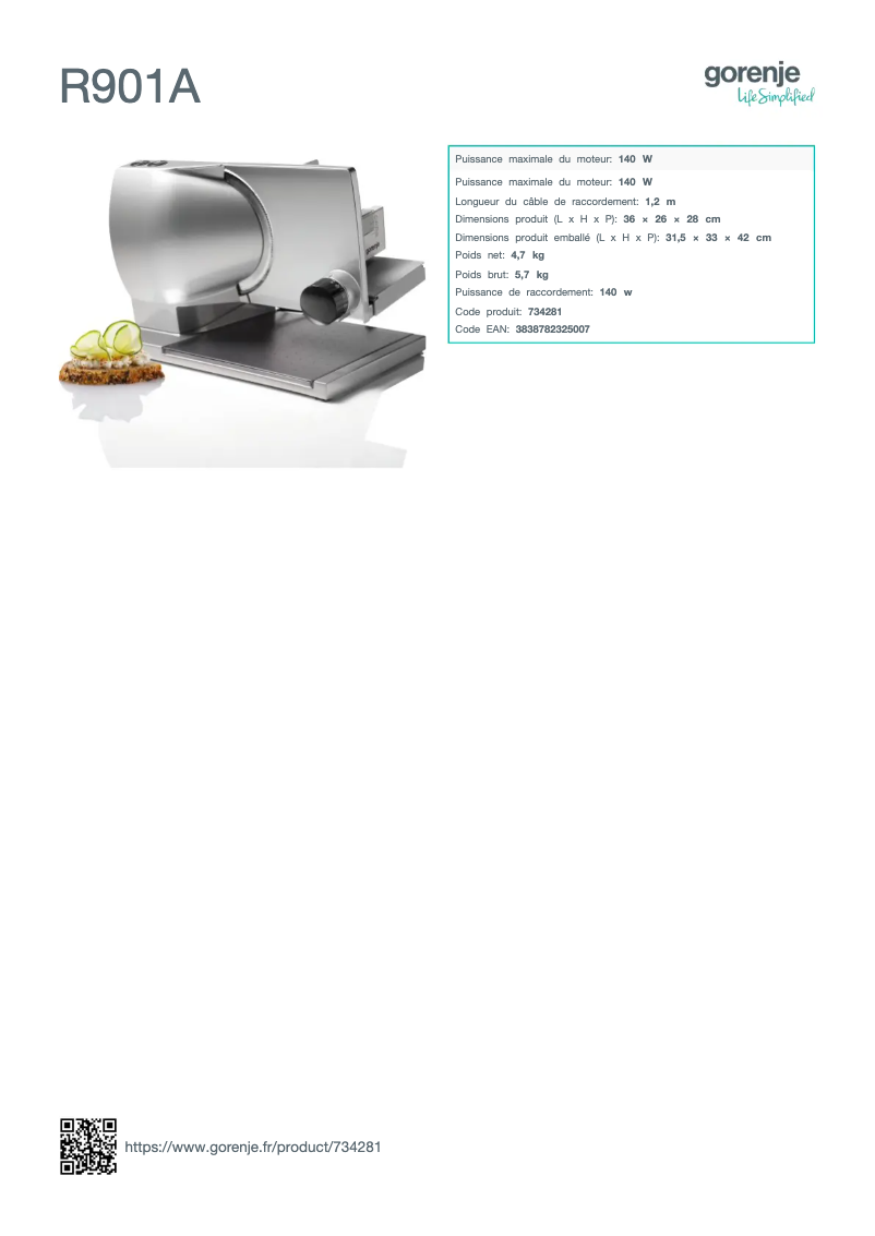 Page n°1 - Fiche technique Gorenje R901A