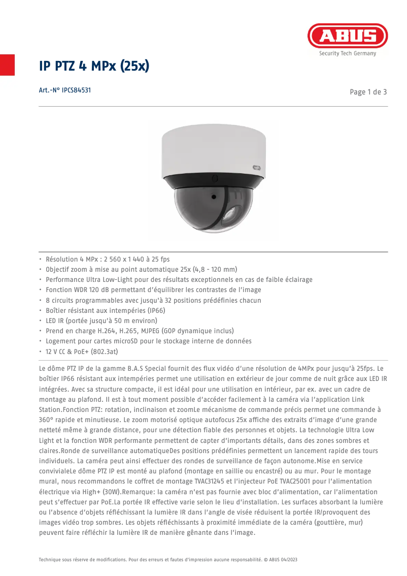 Page n°1 - Fiche technique Abus IPCS84531