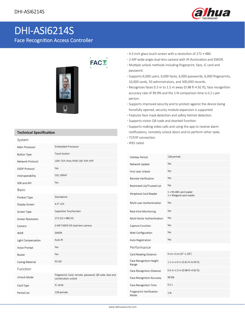 Page 1 de la notice Fiche technique Dahua Technology ASI6214S