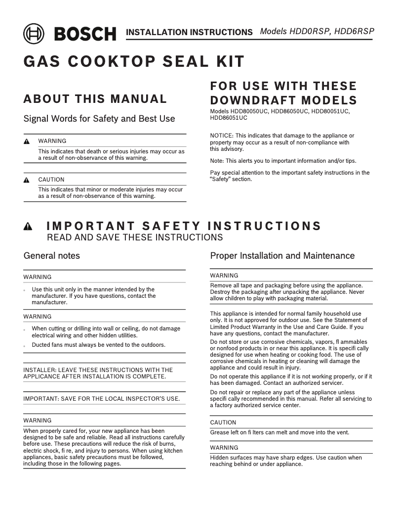 Page 1 de la notice Instructions / montage Bosch HDD6RSP