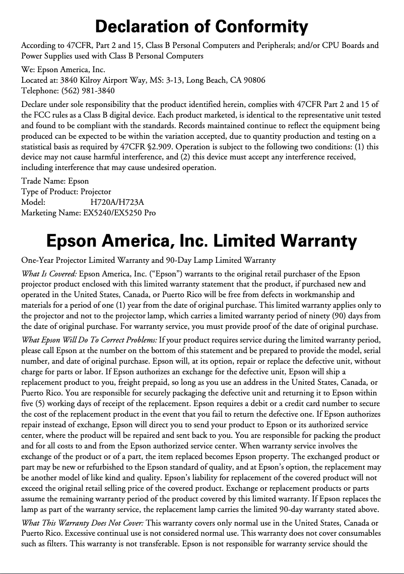 Page 1 de la notice Informations de garantie Epson EX5250 Pro