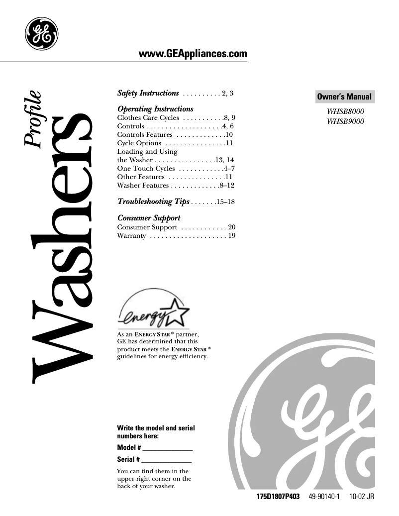 Page 1 de la notice Manuel d'utilisation et d'entretien GE WHSB9000BWC