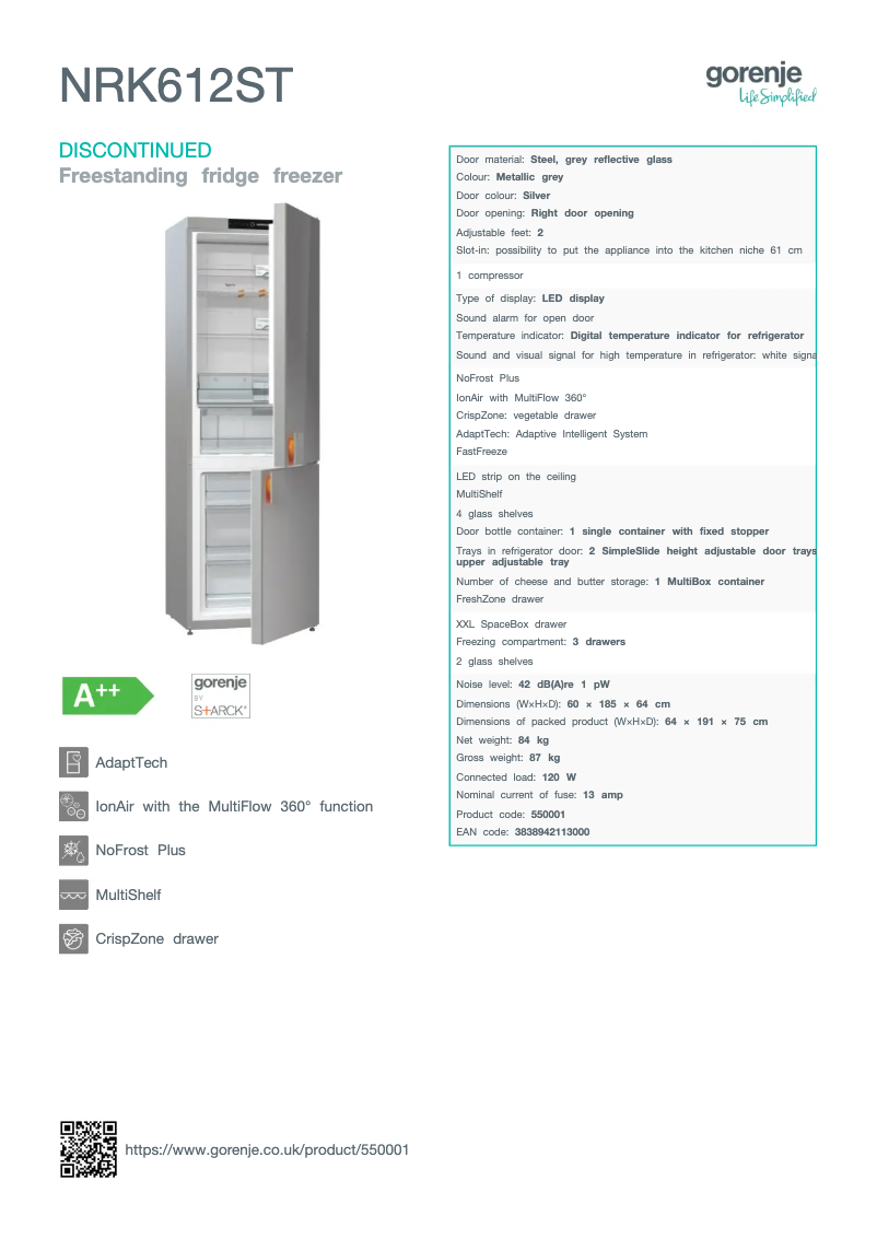 Page 1 de la notice Fiche technique Gorenje NRK612ST