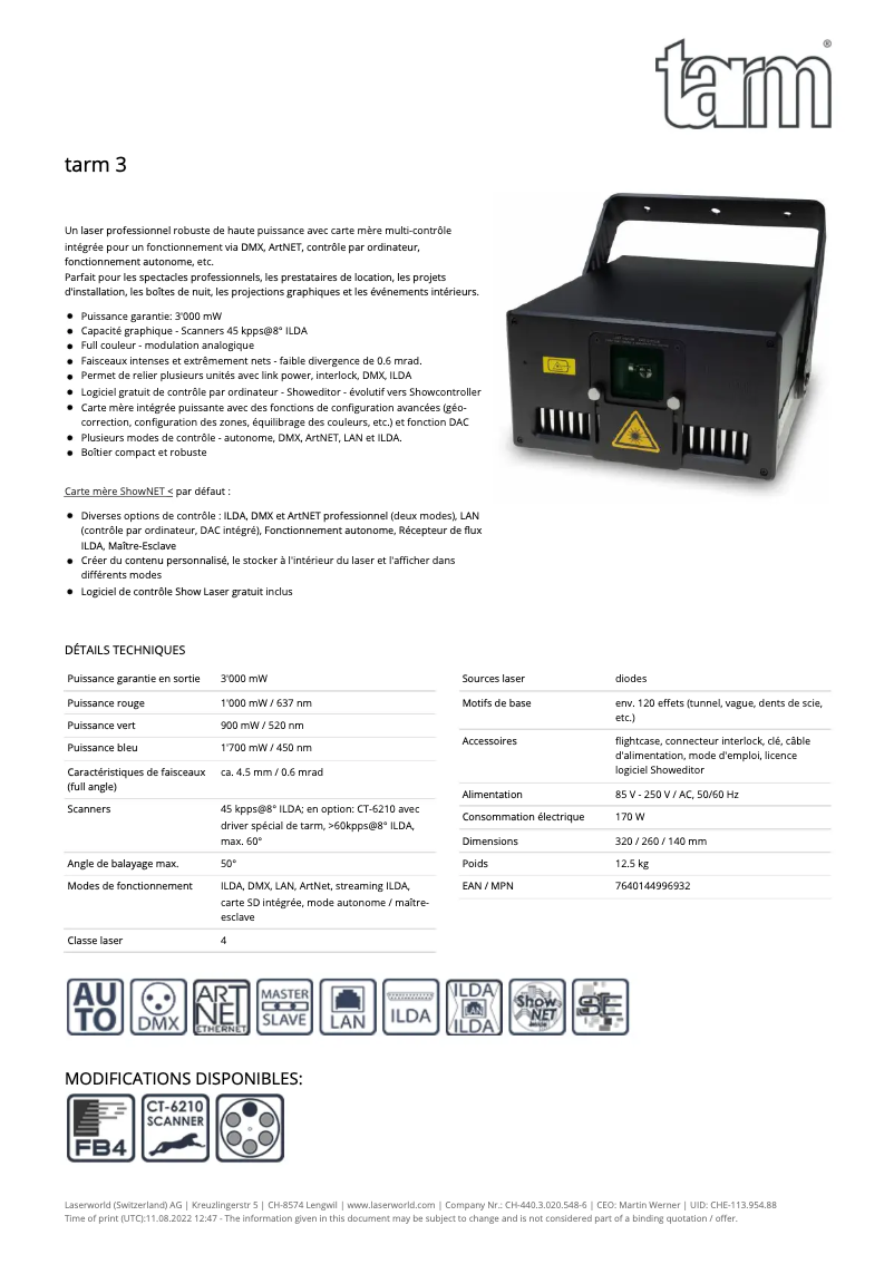 Page 1 de la notice Fiche technique Laserworld Tarm 3
