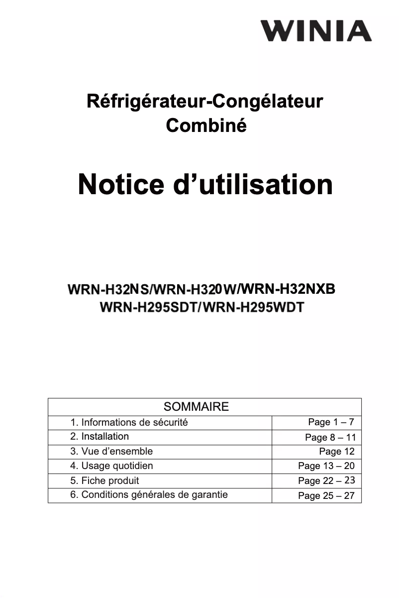 Page 1 de la notice Manuel utilisateur Winia WRN-H32NXB
