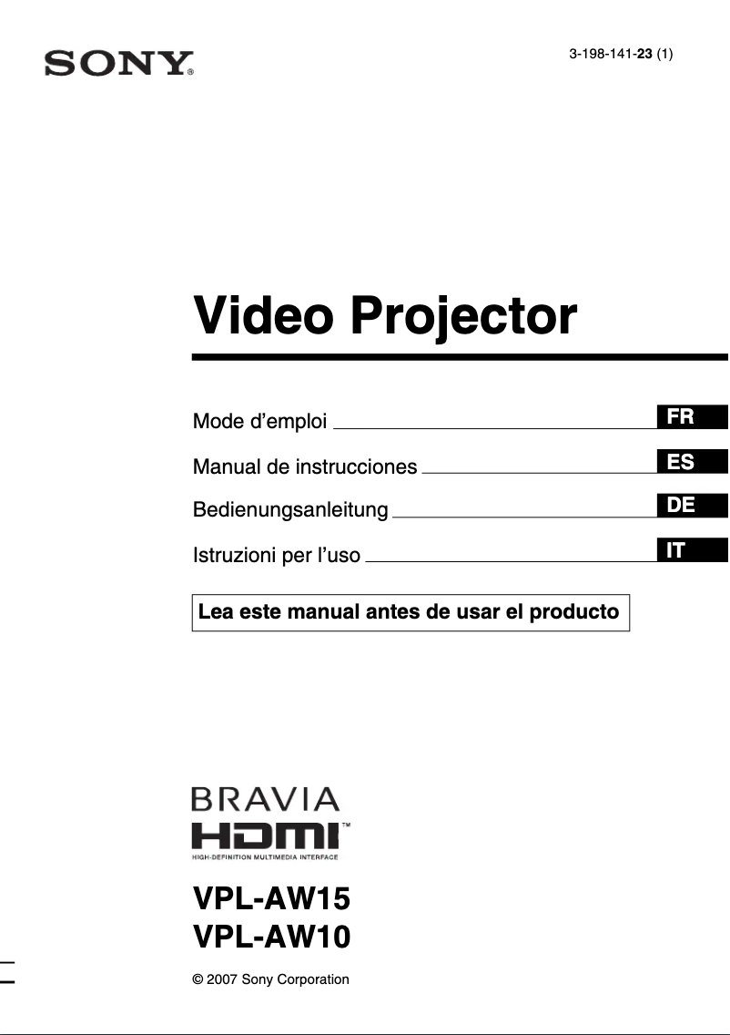 Page 1 de la notice Manuel utilisateur Sony VPL-AW15