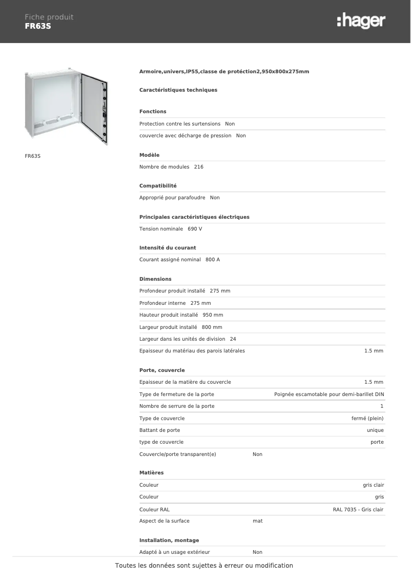 Page n°1 - Fiche technique Hager FR63S