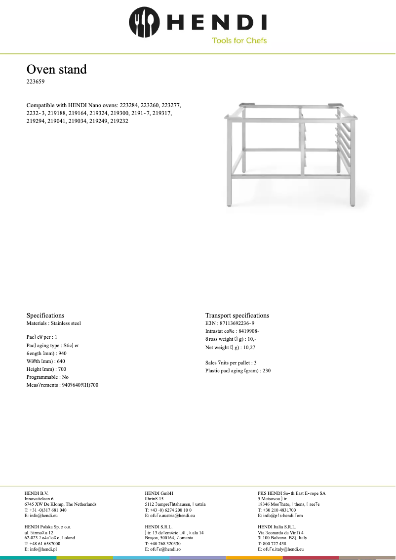 Page 1 of the manual Technical Sheet Hendi 223659