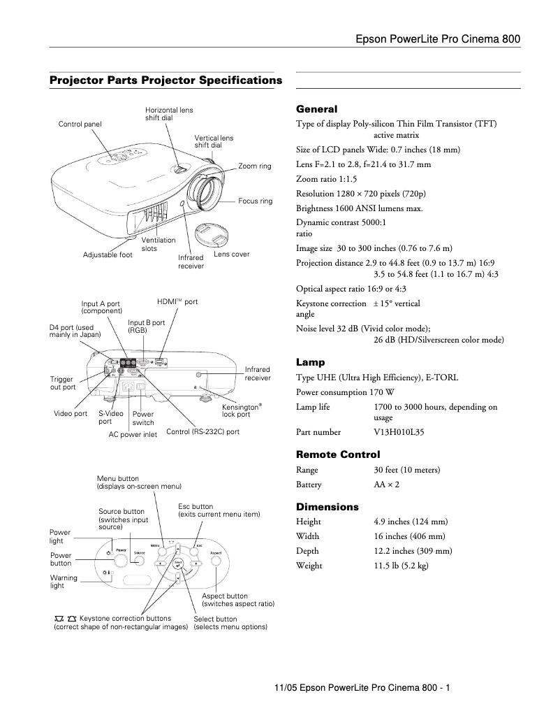 Página 1 del manual Ficha técnica Epson PowerLite Pro Cinema 800 HQV