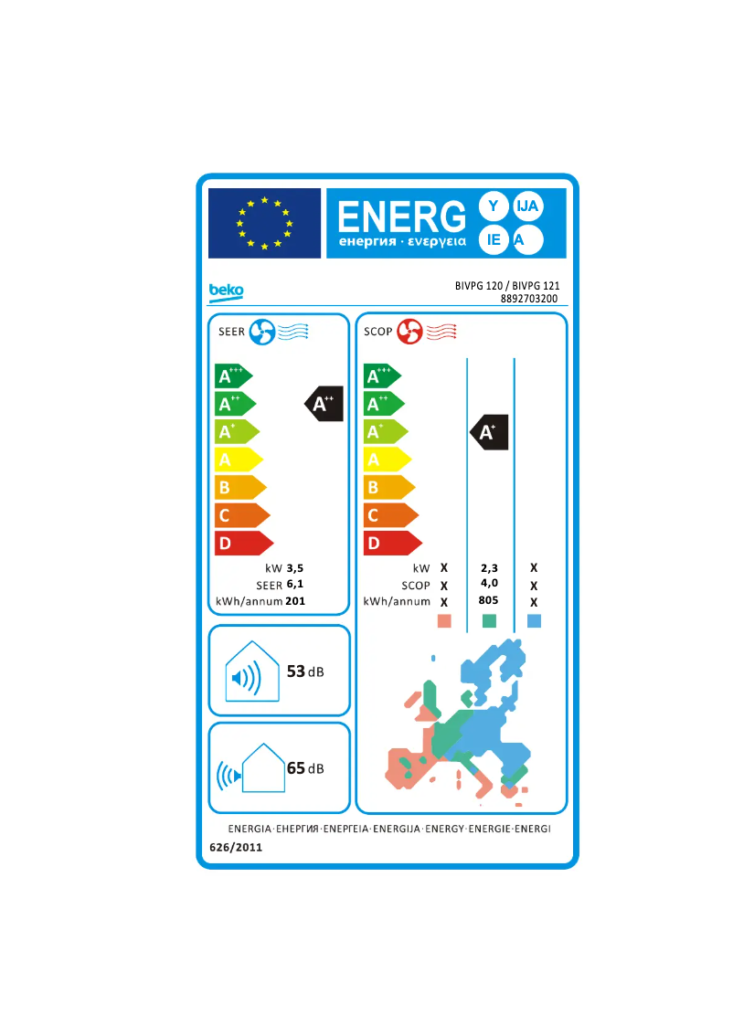 Page 1 de la notice Label énergétique Beko BIVPG 120