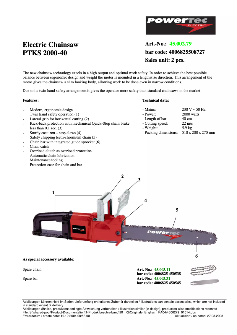 Page n°1 - Manuel utilisateur Powertec PTKS 2000-40