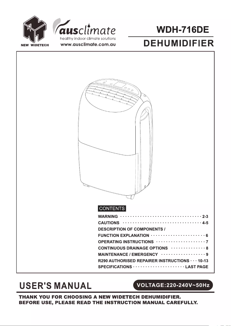 Page n°1 - Manuel utilisateur Ausclimate WDH-716DE