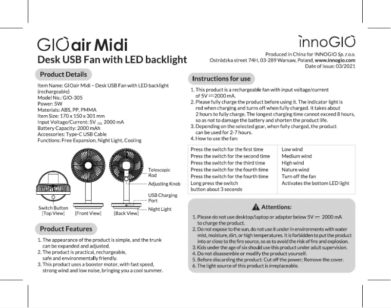 Page n°1 - Manuel utilisateur InnoGIO Air Midi GIO-305