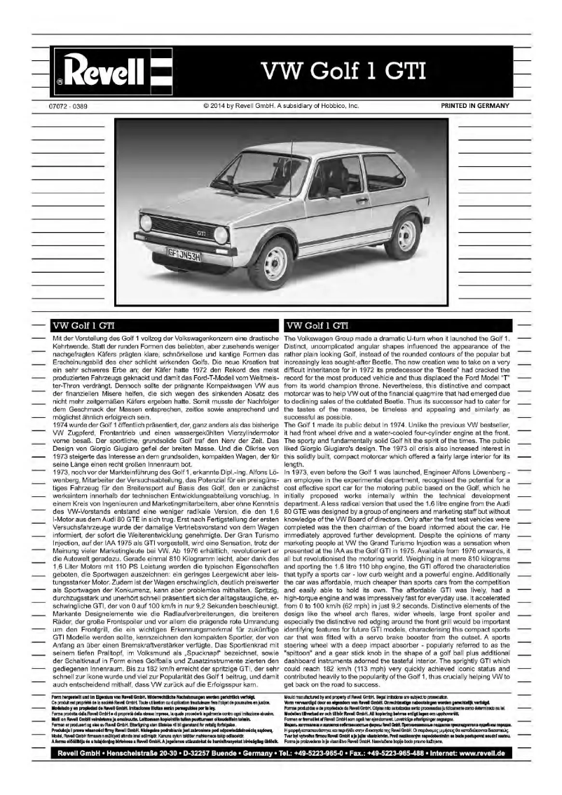Image de la première page du manuel de l'appareil VW Golf 1 GTI