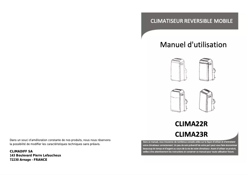 Page 1 de la notice Manuel utilisateur Climadiff Clima 23R