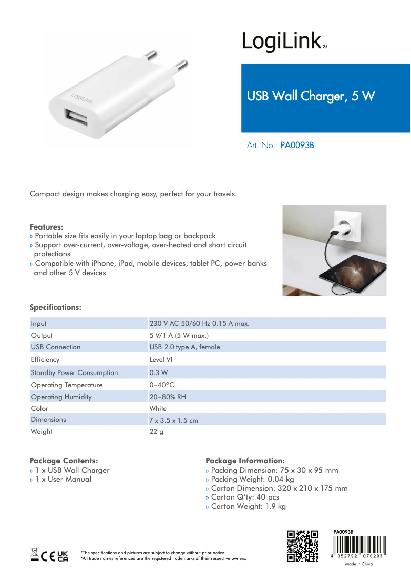 Page n°1 - Manuel utilisateur LogiLink PA0093B