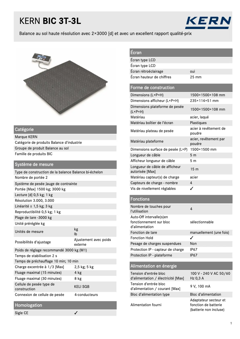 Page 1 de la notice Fiche technique Kern BIC 3T-3L