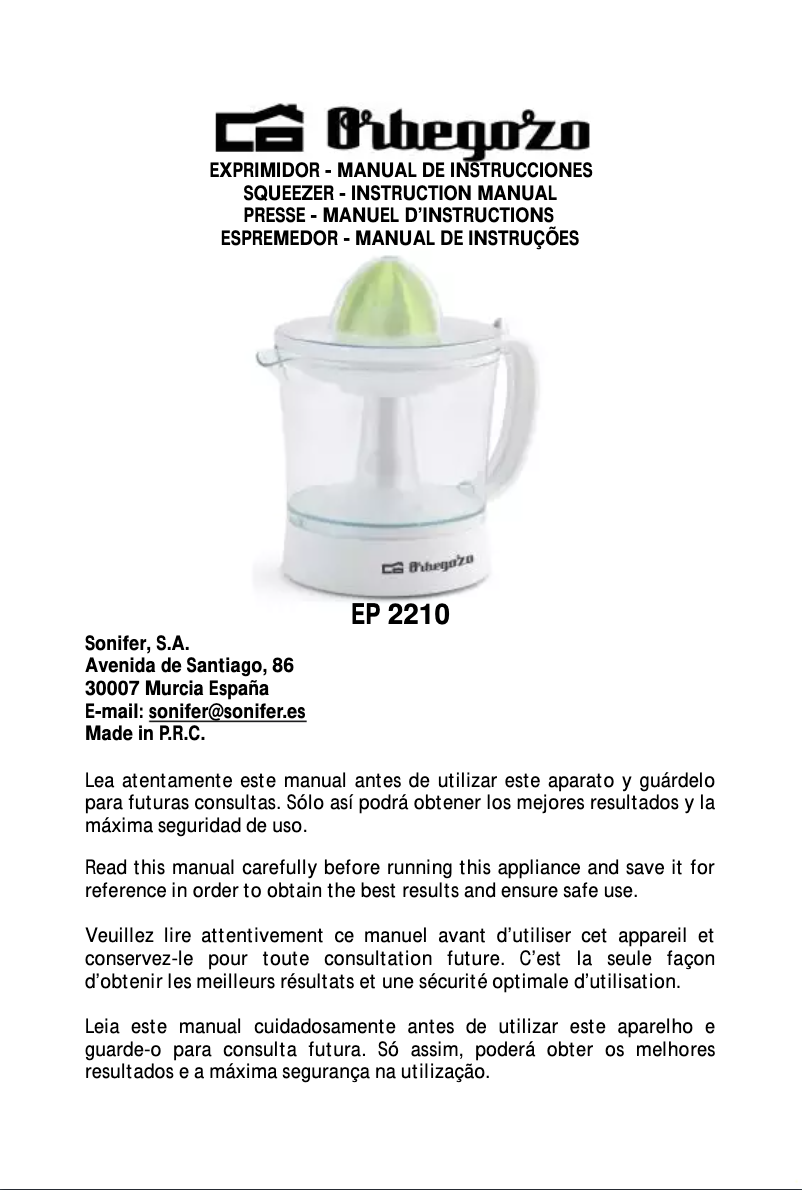 Page n°1 - Manuel utilisateur Orbegozo EP 2210