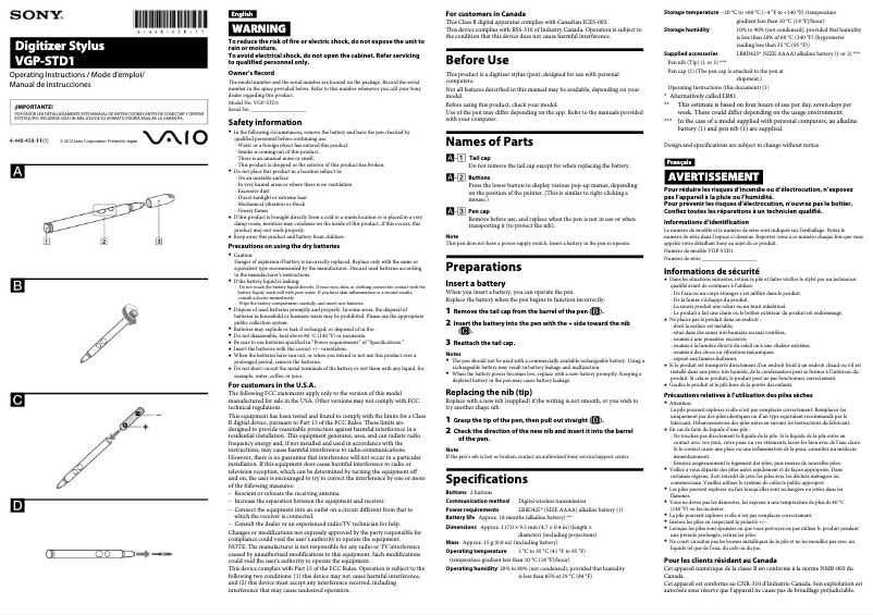 Page 1 de la notice Manuel utilisateur Sony Vaio Duo 11 SVD11213CXB