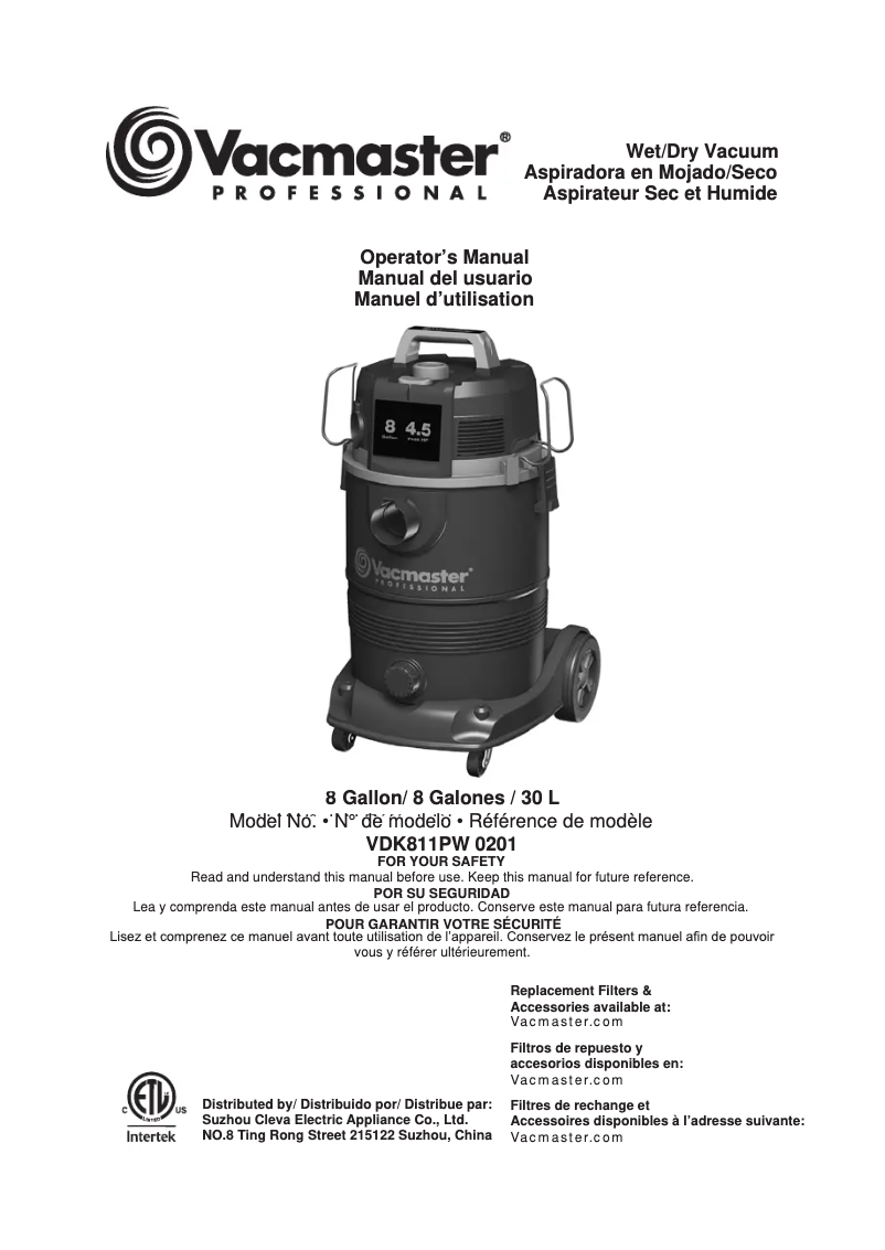 Page n°1 - Manuel utilisateur Vacmaster Professional VDK811PW 0201