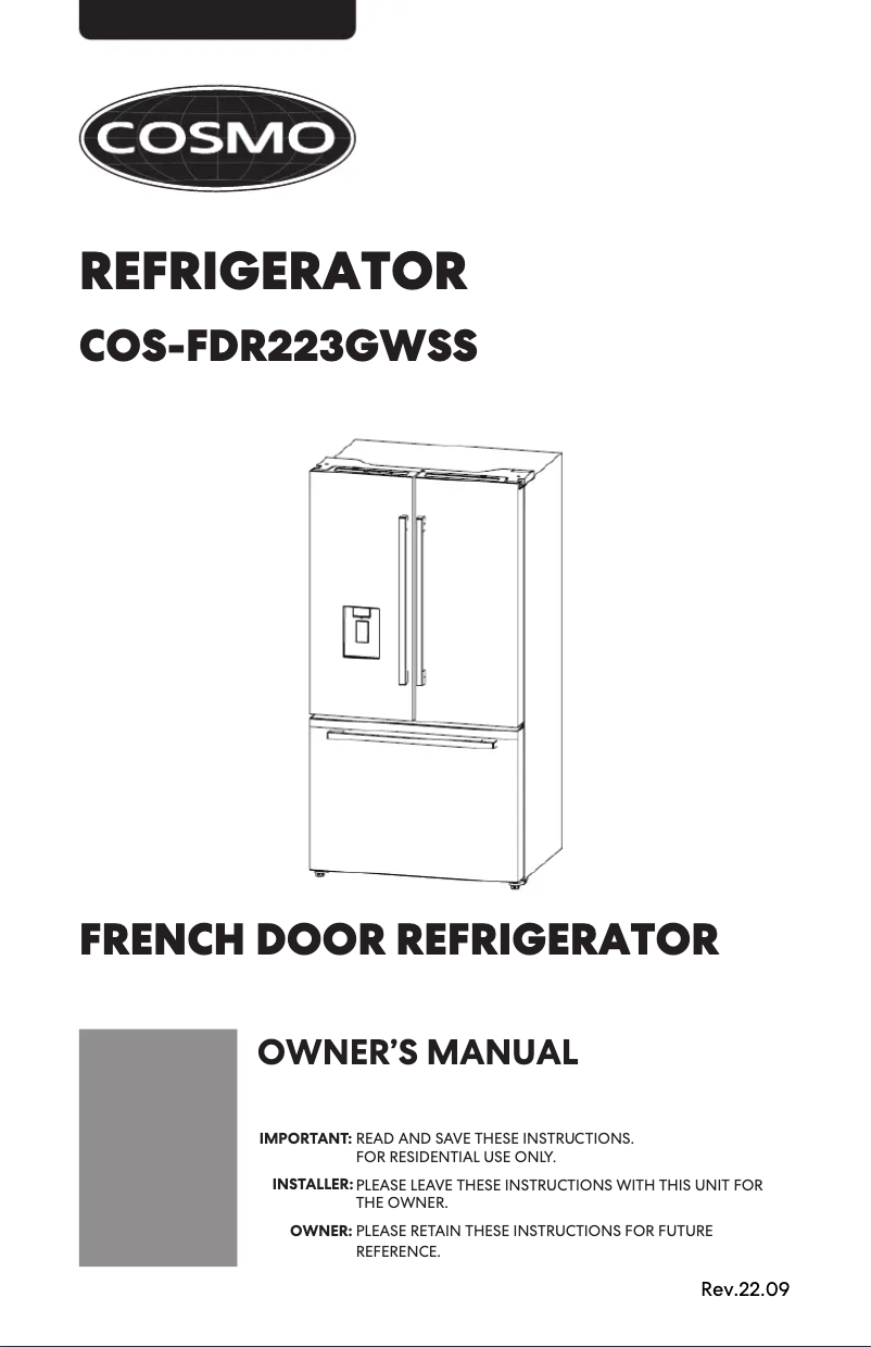 Page 1 de la notice Manuel utilisateur Cosmo COS-FDR223GWSS