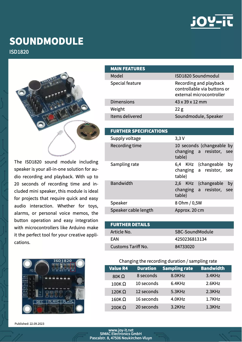 Page 1 de la notice Fiche technique Joy-It SBC-SOUNDMODULE