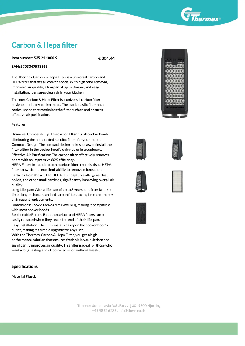 Page 1 de la notice Fiche technique Thermex Carbon & Hepa Filter