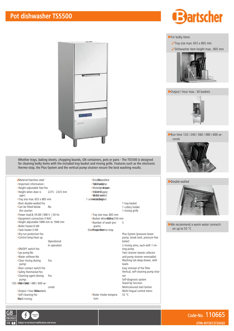 Page 1 de la notice Fiche technique Bartscher TS5500
