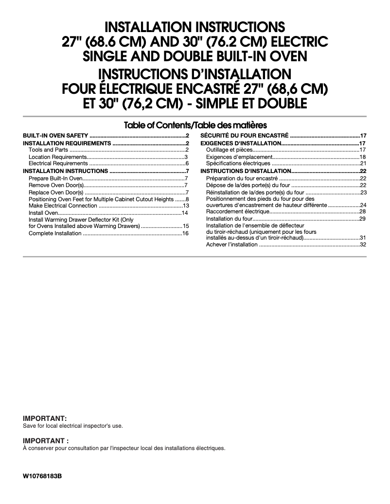 Page 1 de la notice Guide d'installation JennAir JJW2727DS