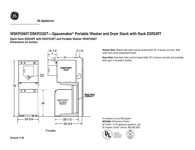 Page n°1 - Fiche technique GE WSKP2060TAB