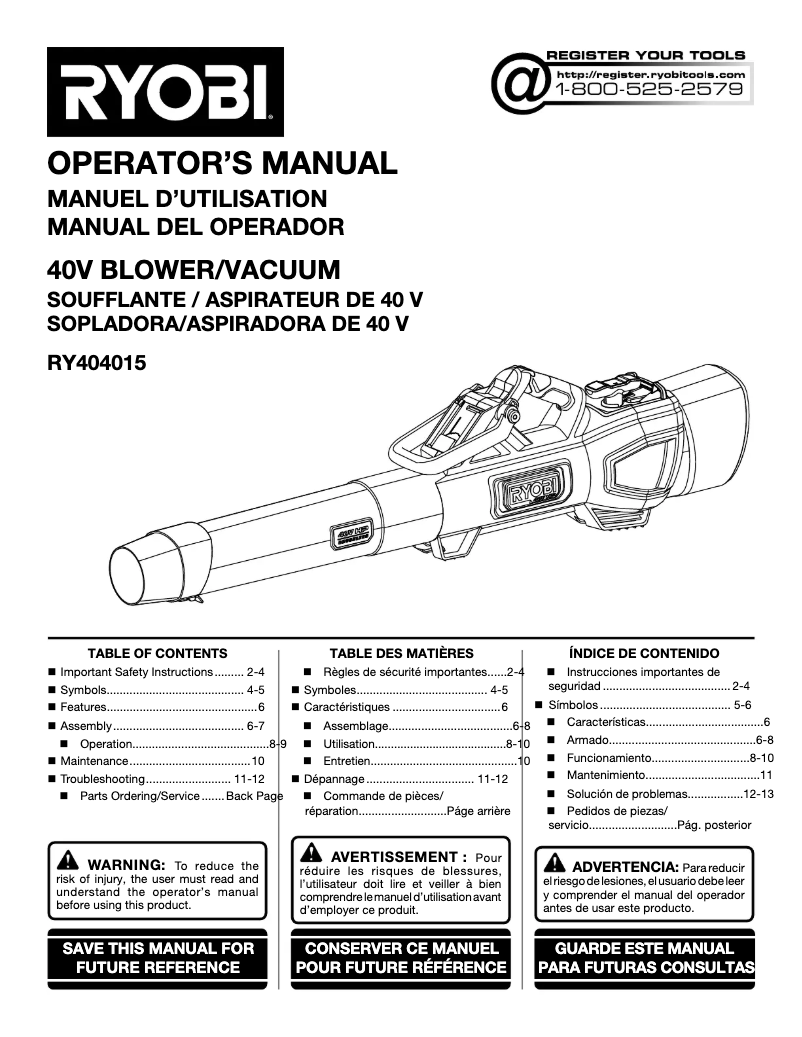 Page 1 de la notice Manuel utilisateur RYOBI RY404015