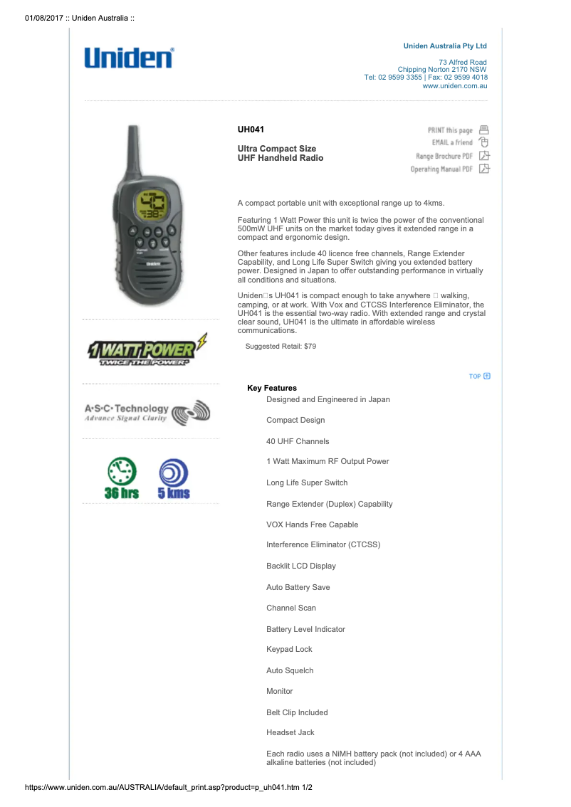 Page 1 de la notice Fiche technique Uniden UH041