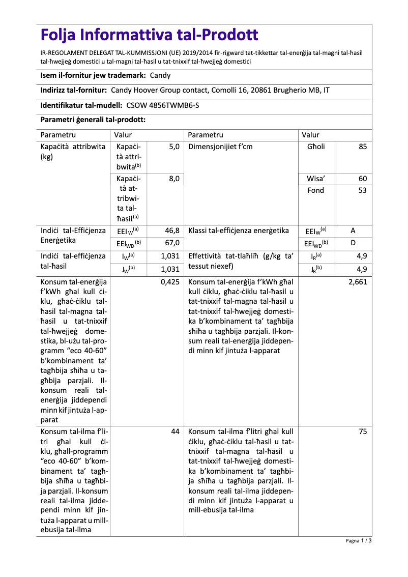 Page 1 de la notice Fiche technique Candy CSOW 4856TWMB6-S