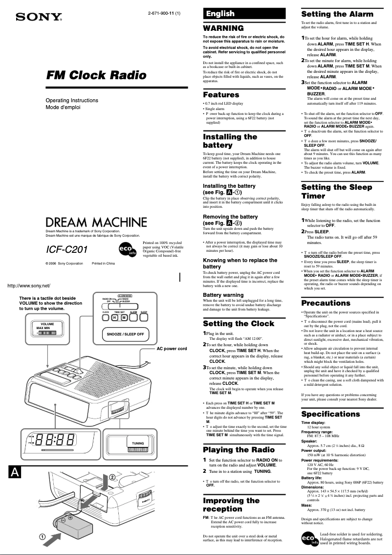 Page 1 de la notice Manuel utilisateur Sony ICF-C201