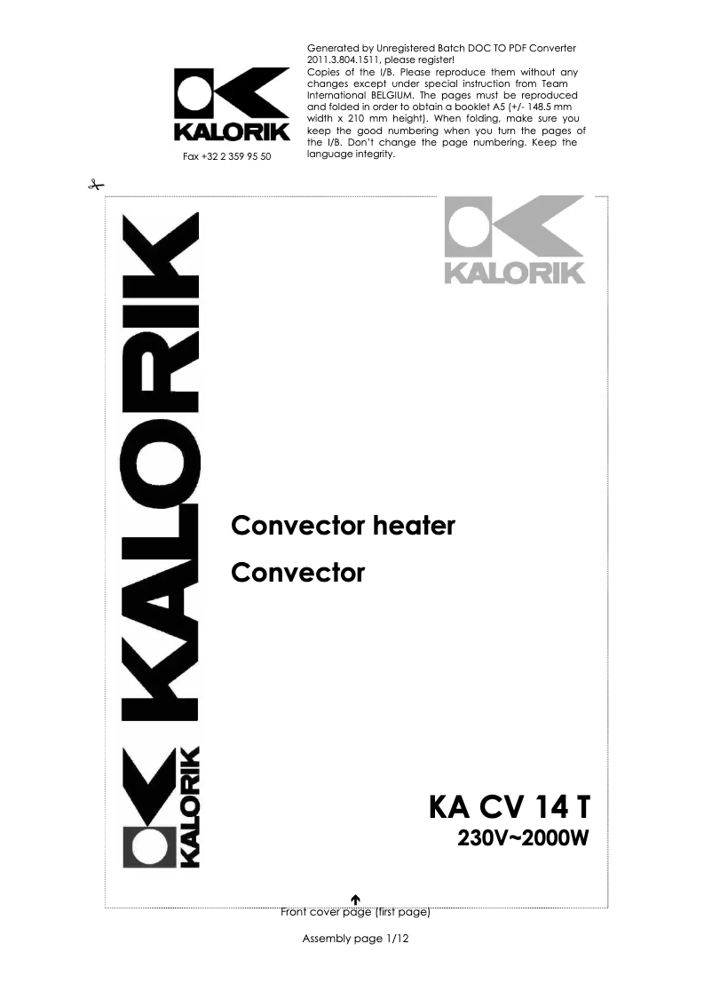 Image de la première page du manuel de l'appareil KA CV 14 T