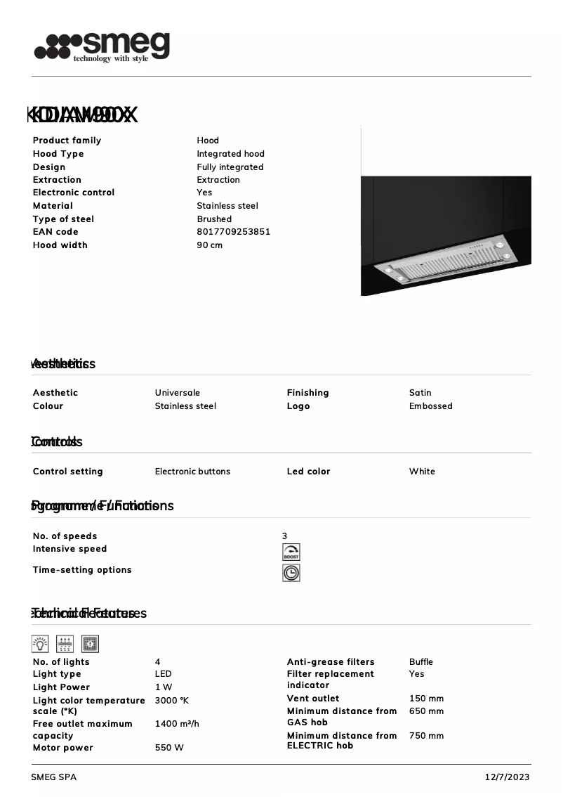 Page 1 de la notice Fiche technique Smeg KDIAM90X