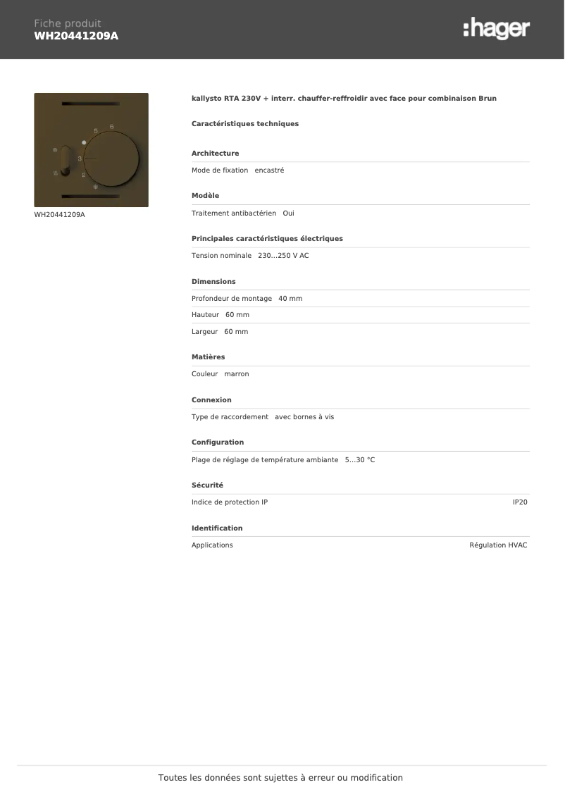 Page 1 de la notice Fiche technique Hager WH20441209A