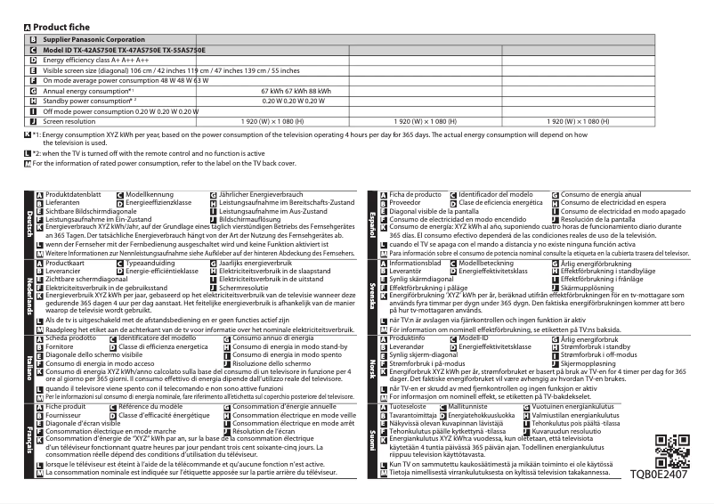 Page 1 de la notice Fiche technique Panasonic TX-47AS750E