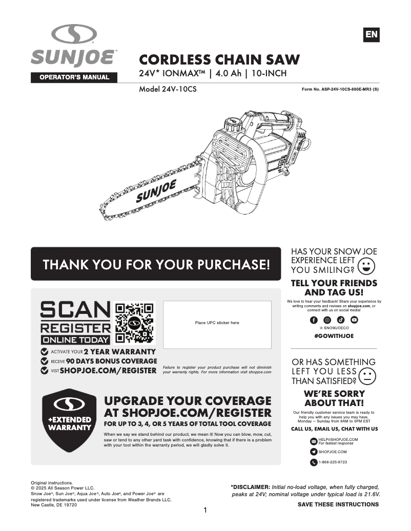 Page 1 de la notice Manuel utilisateur Sun Joe 24V-10CS