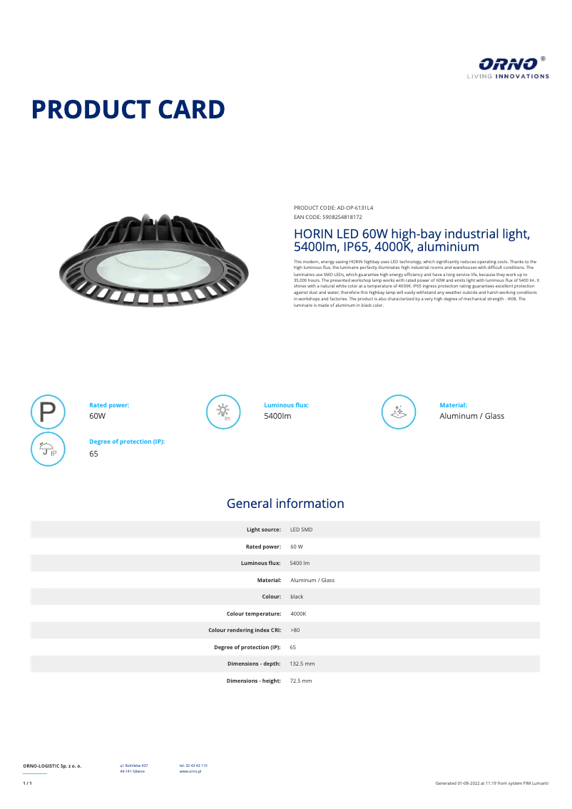 Page 1 de la notice Fiche technique Adviti AD-OP-6131L4
