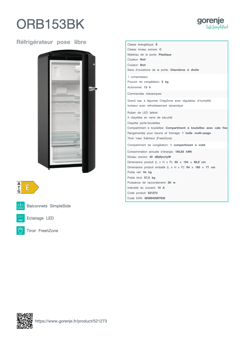 Page 1 de la notice Fiche technique Gorenje ORB153BK
