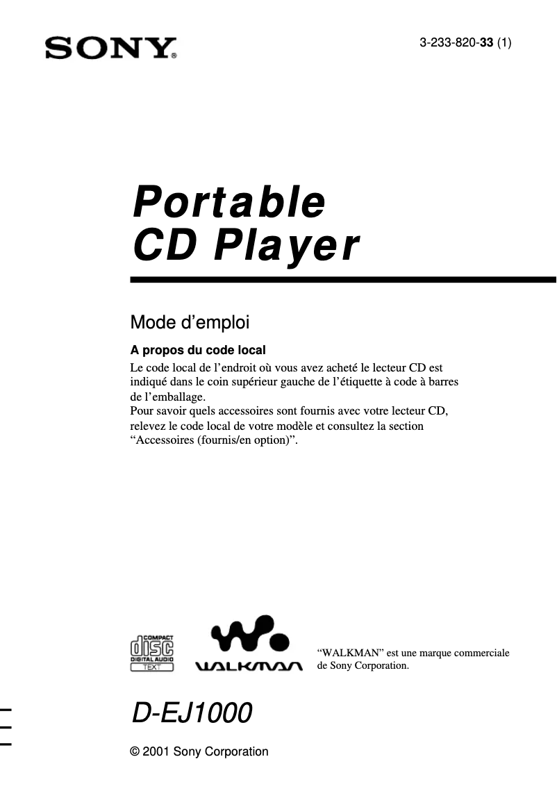 Page n°1 - Manuel utilisateur Sony D-EJ1000