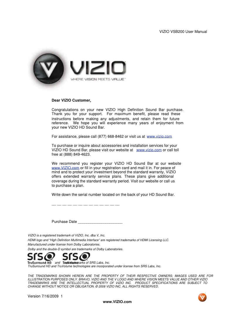 Page 1 de la notice Manuel utilisateur VIZIO VSB200