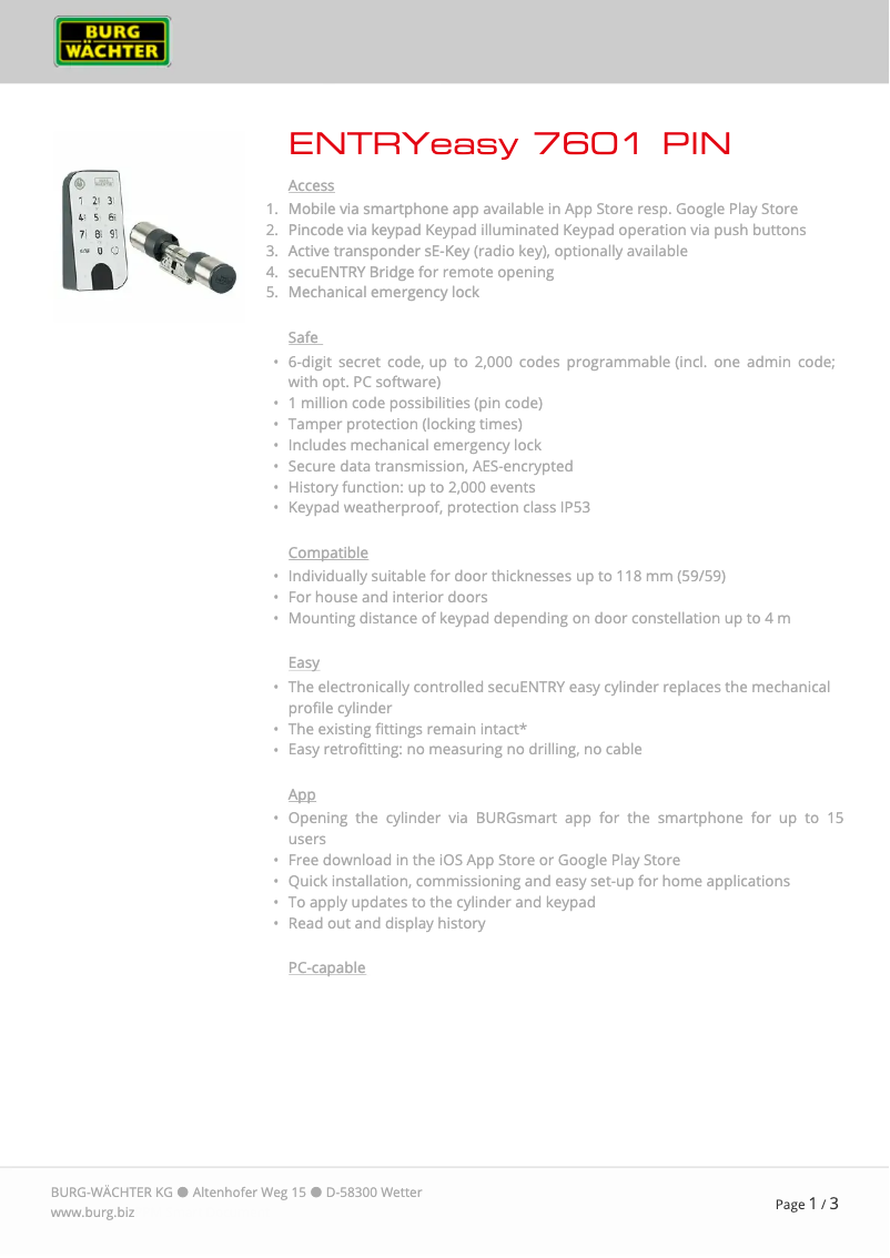 Page 1 de la notice Fiche technique Burg Wächter ENTRY easy 7601 PIN