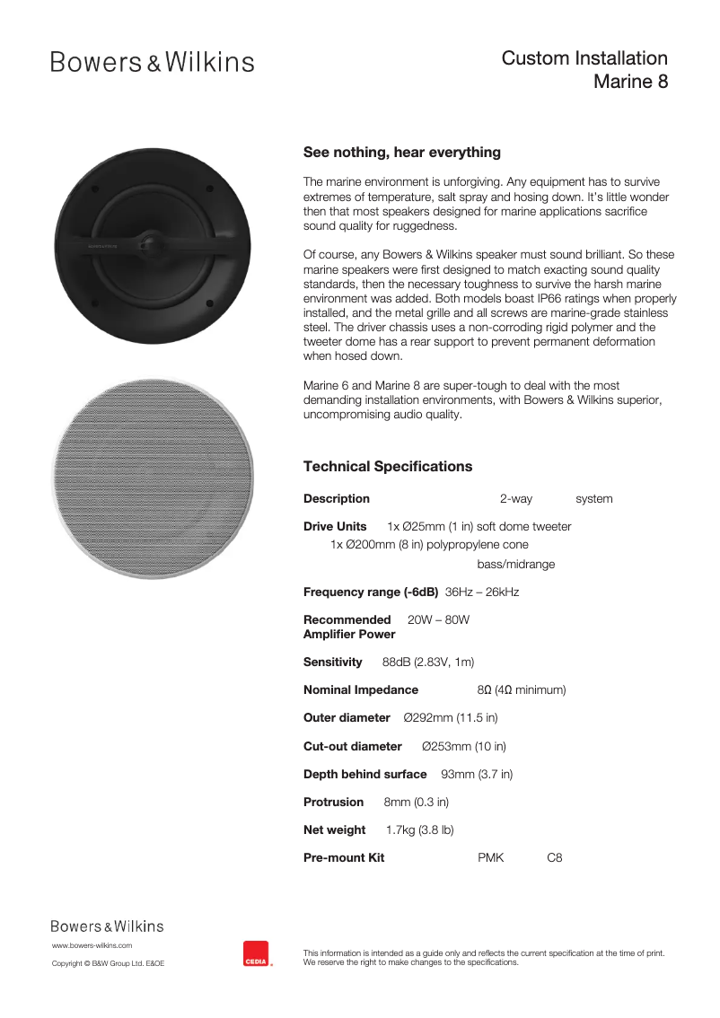 Page 1 de la notice Fiche technique Bowers & Wilkins Marine 8