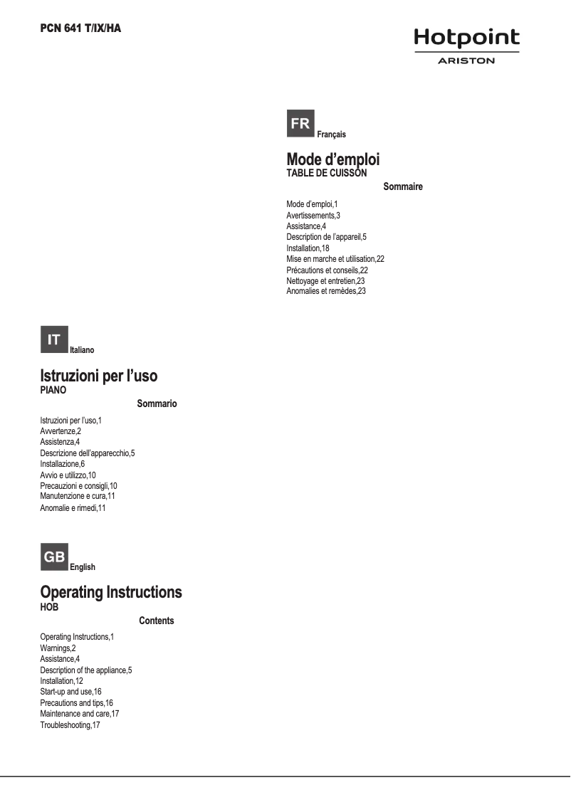 Page 1 de la notice Manuel utilisateur Hotpoint Ariston PCN 641 T/IX/HA