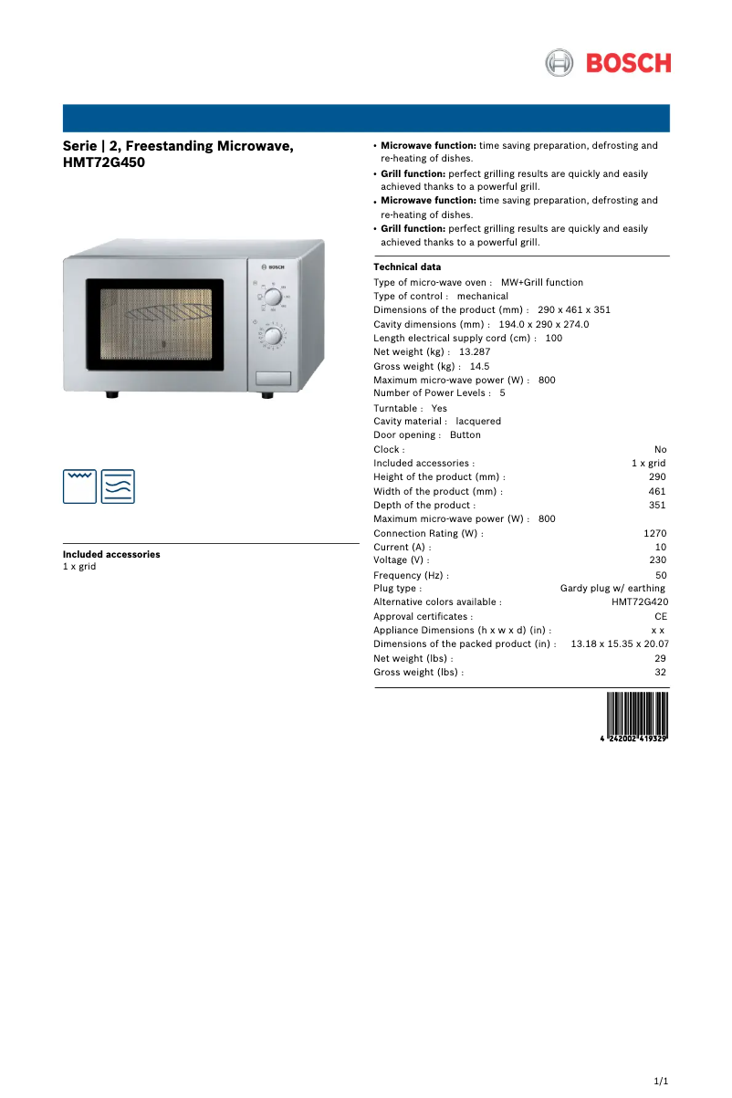 Page n°1 - Fiche technique Bosch HMT72G450