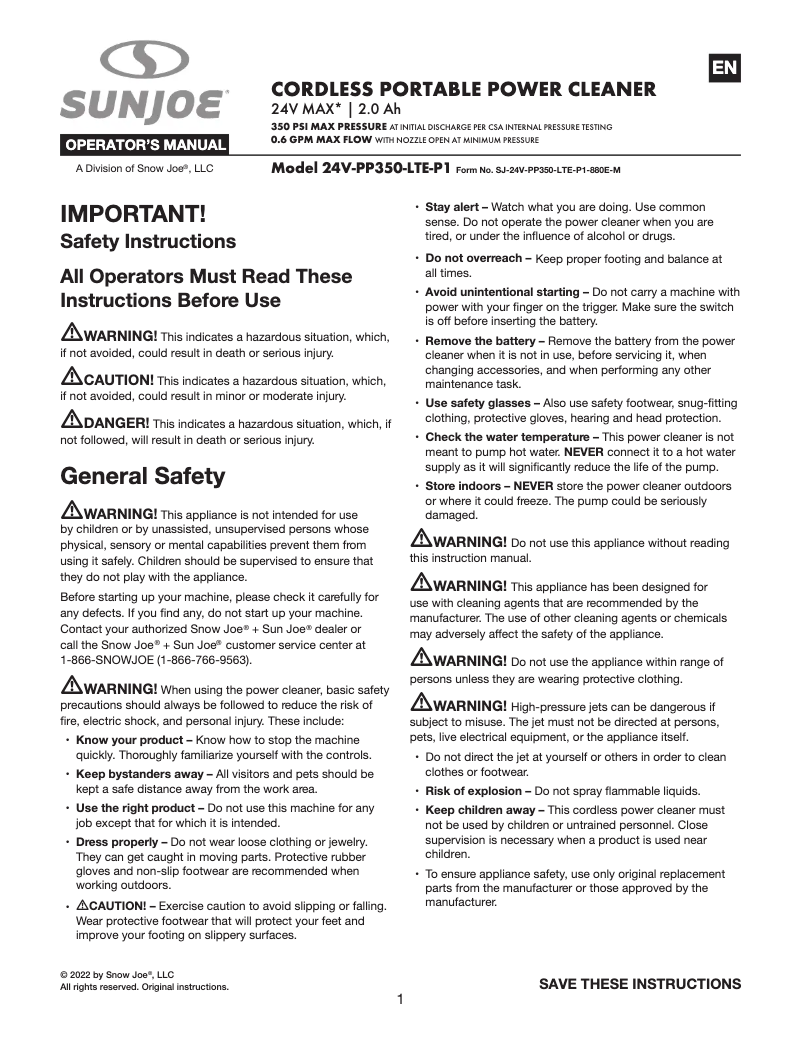 Page n°1 - Manuel utilisateur Sun Joe 24V-PP350-LTE-P1